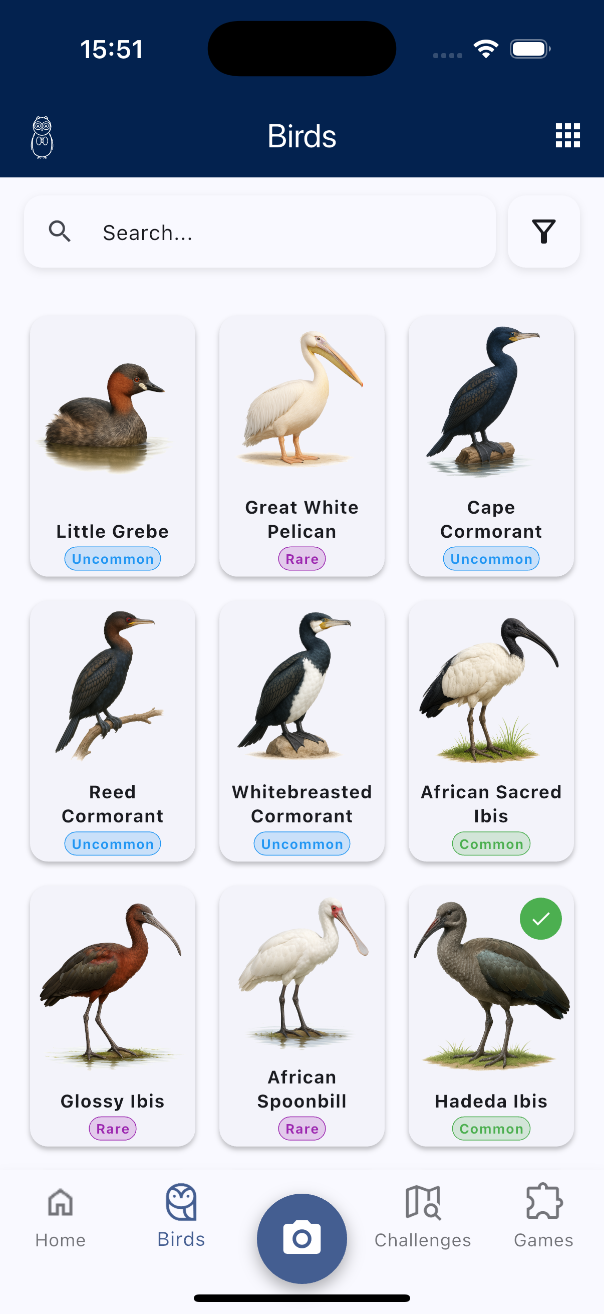 Wildlife Gallery screen showing bird species