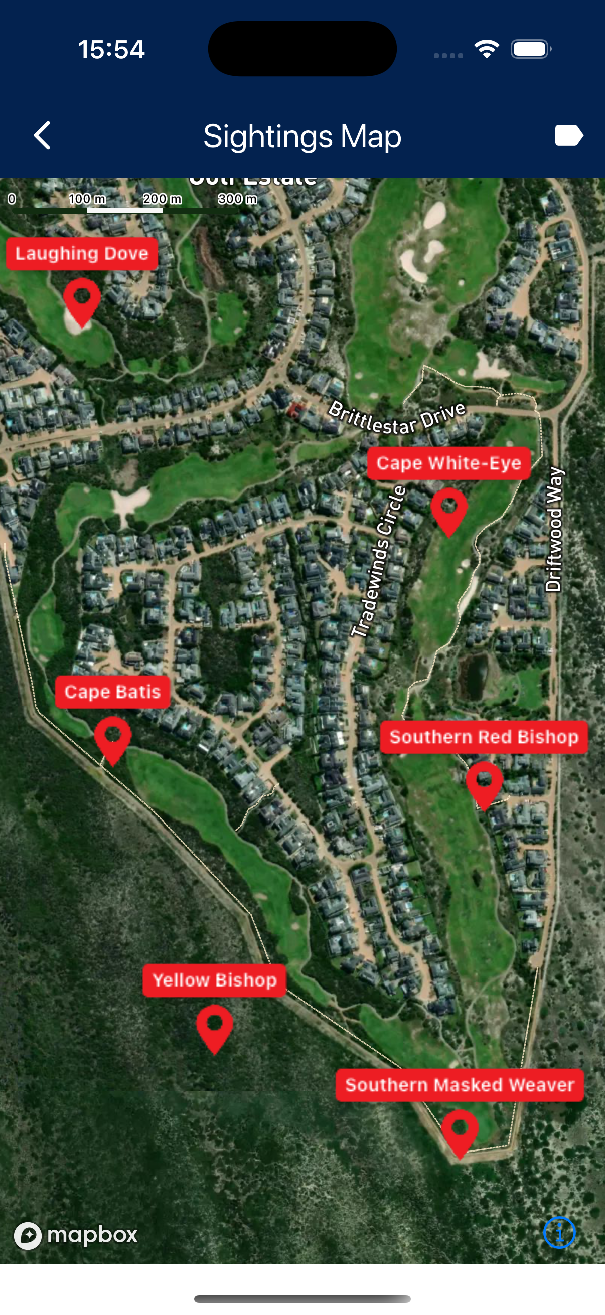 Sightings map showing wildlife locations on estate