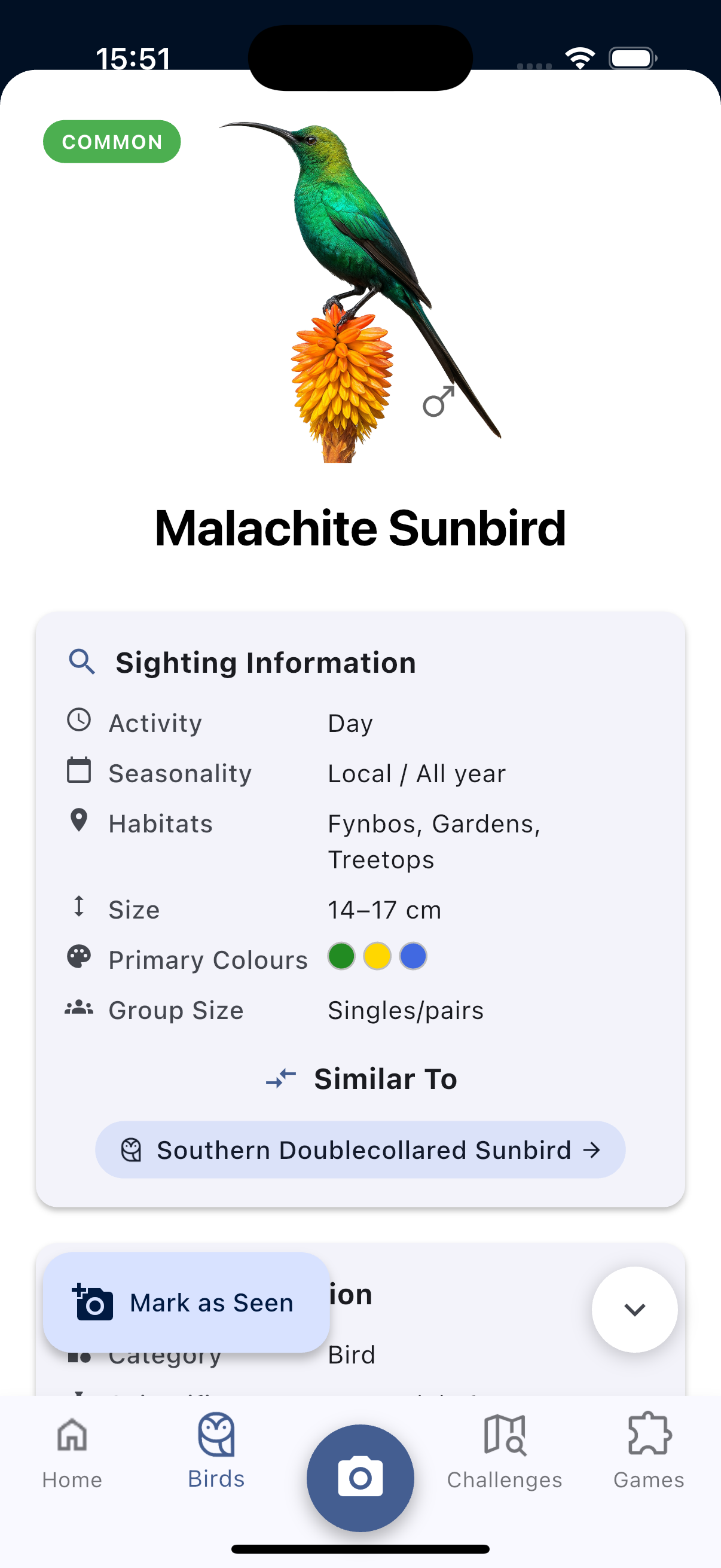 Bird detail and sighting information screen